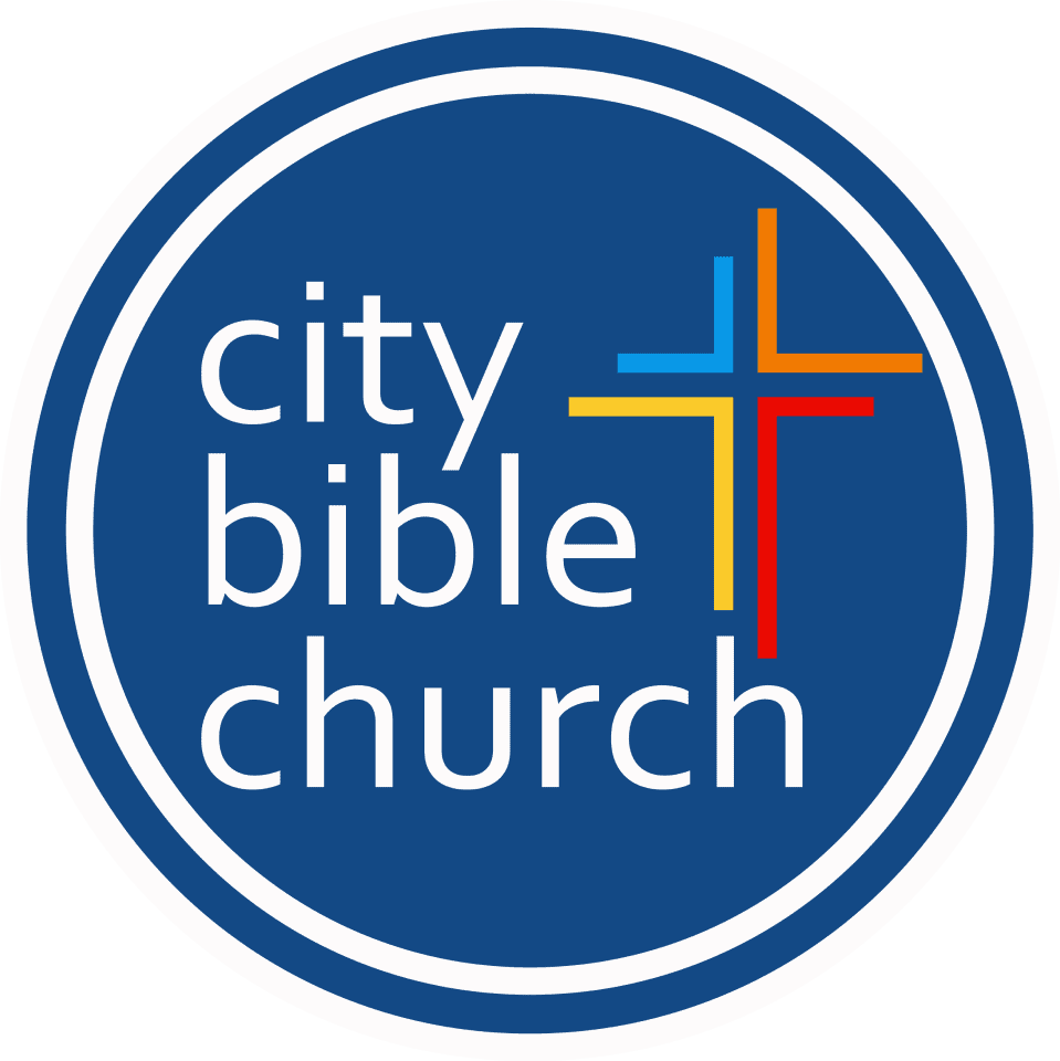 Logo of City Bible Church. It features a blue circular background with white text reading 'city bible church'. To the right of the text is a cross made of four lines in blue, orange, yellow, and red.