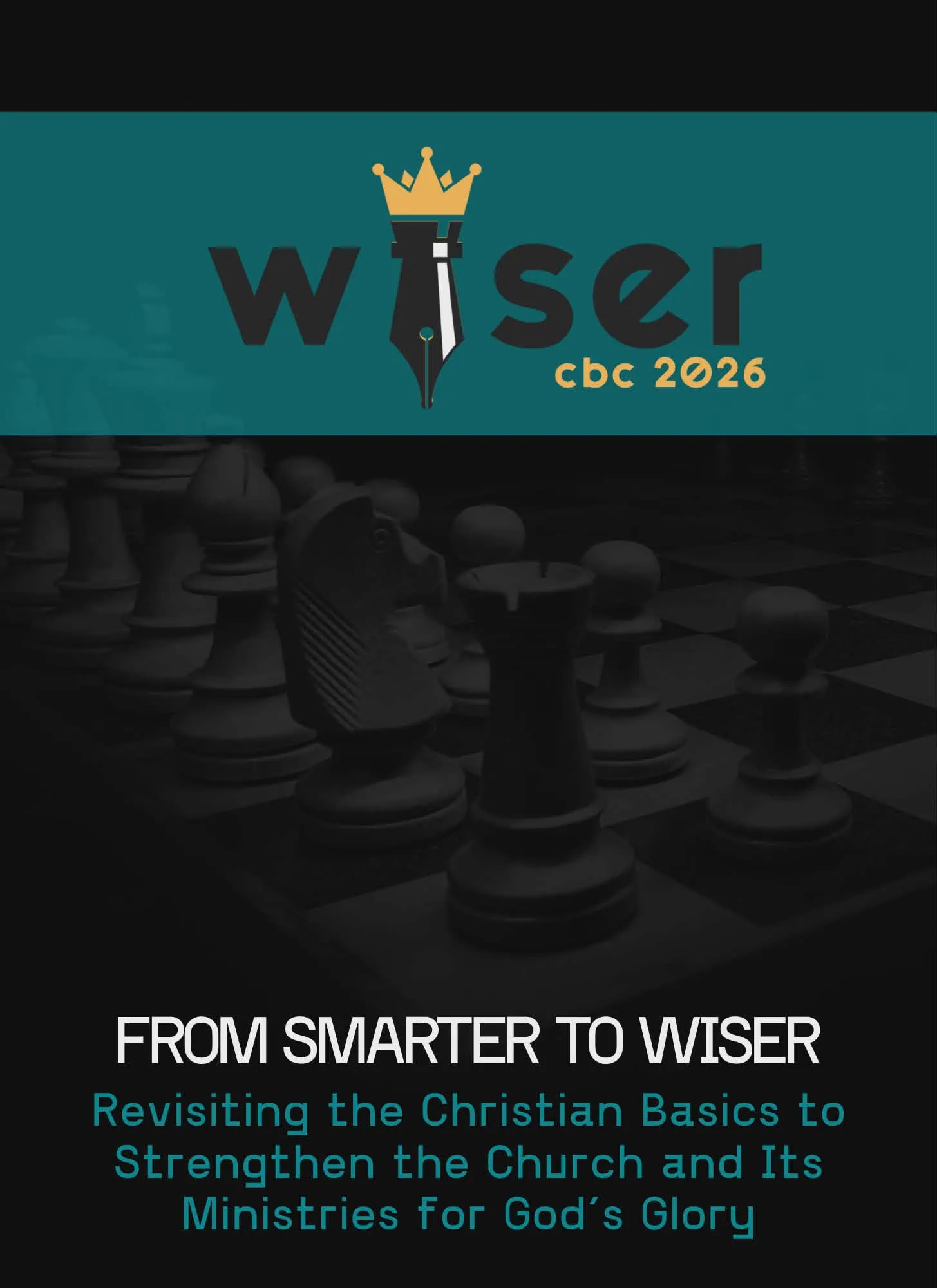 Wiser CBC 2026 conference poster featuring the theme “From Smarter to Wiser” with chess background and teal banner logo