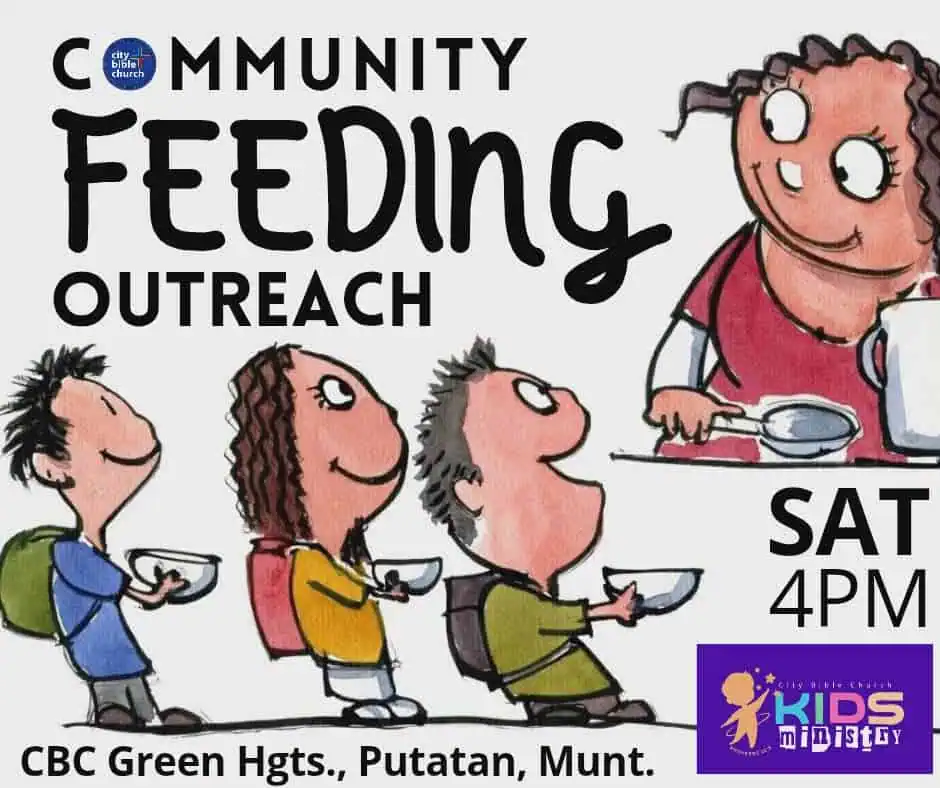 Community Feeding Outreach poster by City Bible Church Kids Ministry, featuring illustrated children holding bowls, scheduled Saturday at 4 PM at CBC Green Heights, Putatan, Muntinlupa.