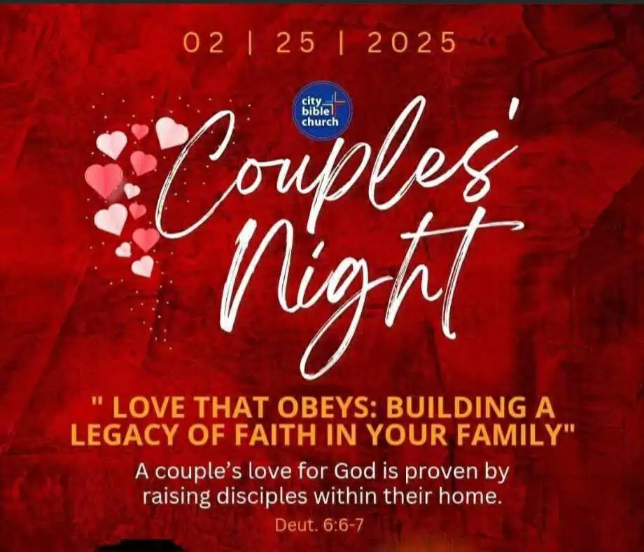 Couples’ Night event poster by City Bible Church with red background, heart graphics, and the theme “Love That Obeys: Building a Legacy of Faith in Your Family,” dated February 25, 2026.